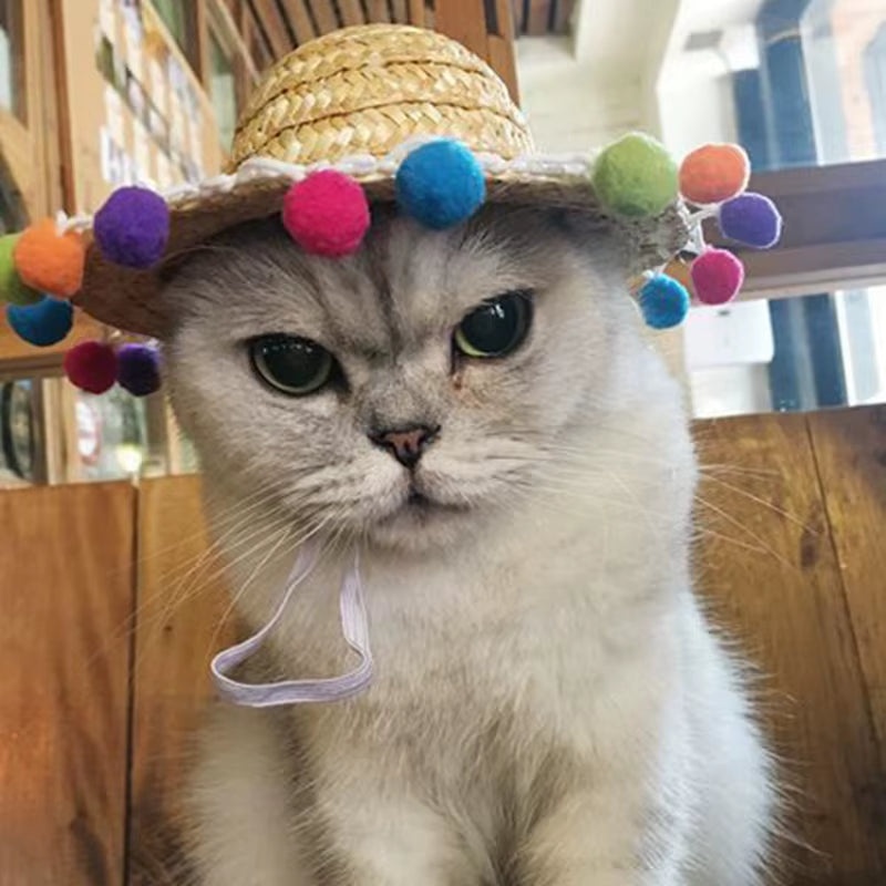 Fashion Pet Woven Straw Hat for Cat Sun Hat Sombrero for Small Dogs and Cats Beach Party Straw Costume Accessories to Act Cute