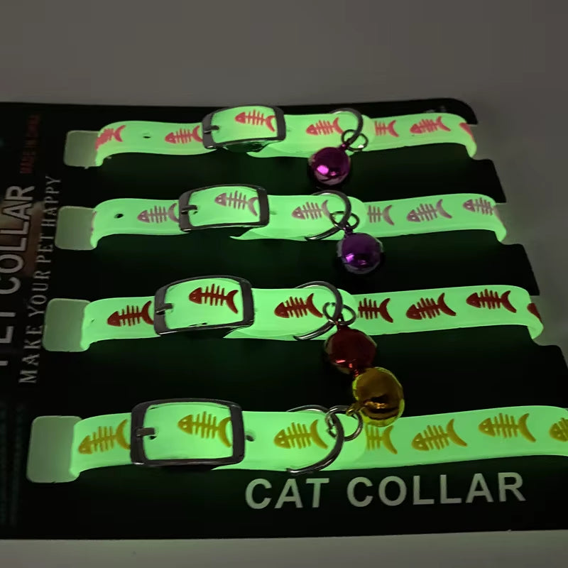 Luminous Cat Necklace Glowing Small Dog Cat Collar Anti-Loss Fluorescent Silicone Cat Bell Collar Neck Ring Pet Cat Accessories
