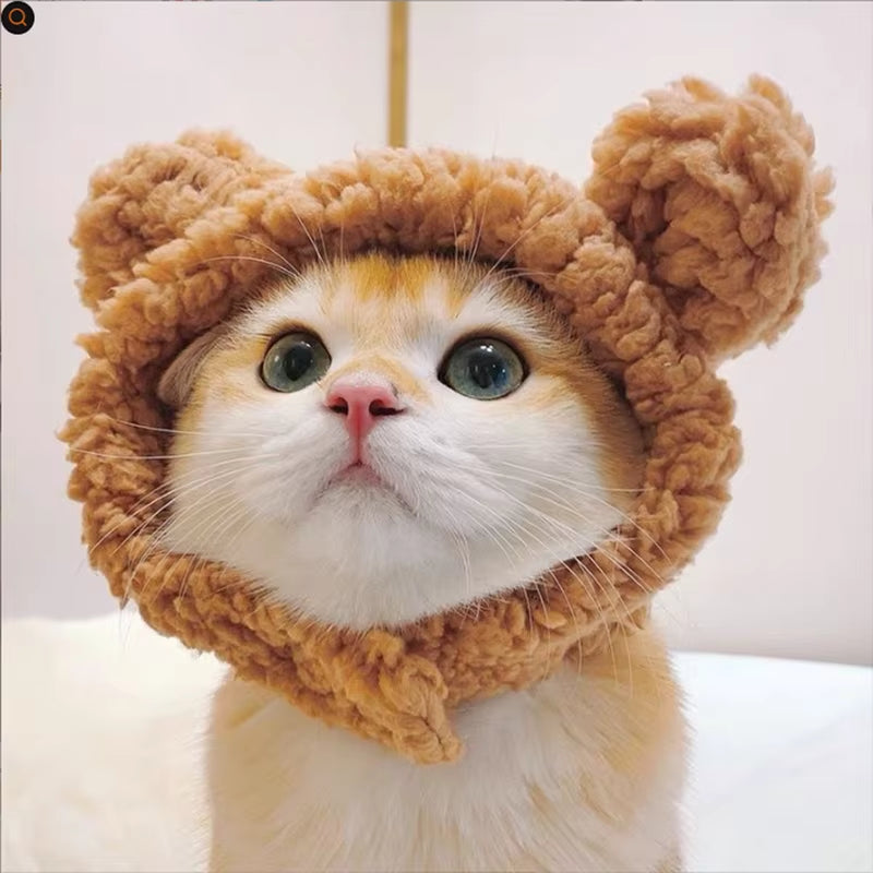 Cute Bear Shaped Hat for Cat Christmas Protective Pet Dogs Cosplay Head Wear York Solid Color Winter Kitten Costume Accessories