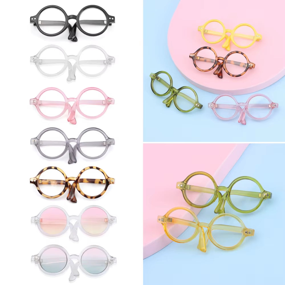 Candy Color Mini Doll Glasses Clear Lens Eyeglasses round Frame Plush Doll Toys Eyewear Photo Props Pet Dog Cat Sunglasses