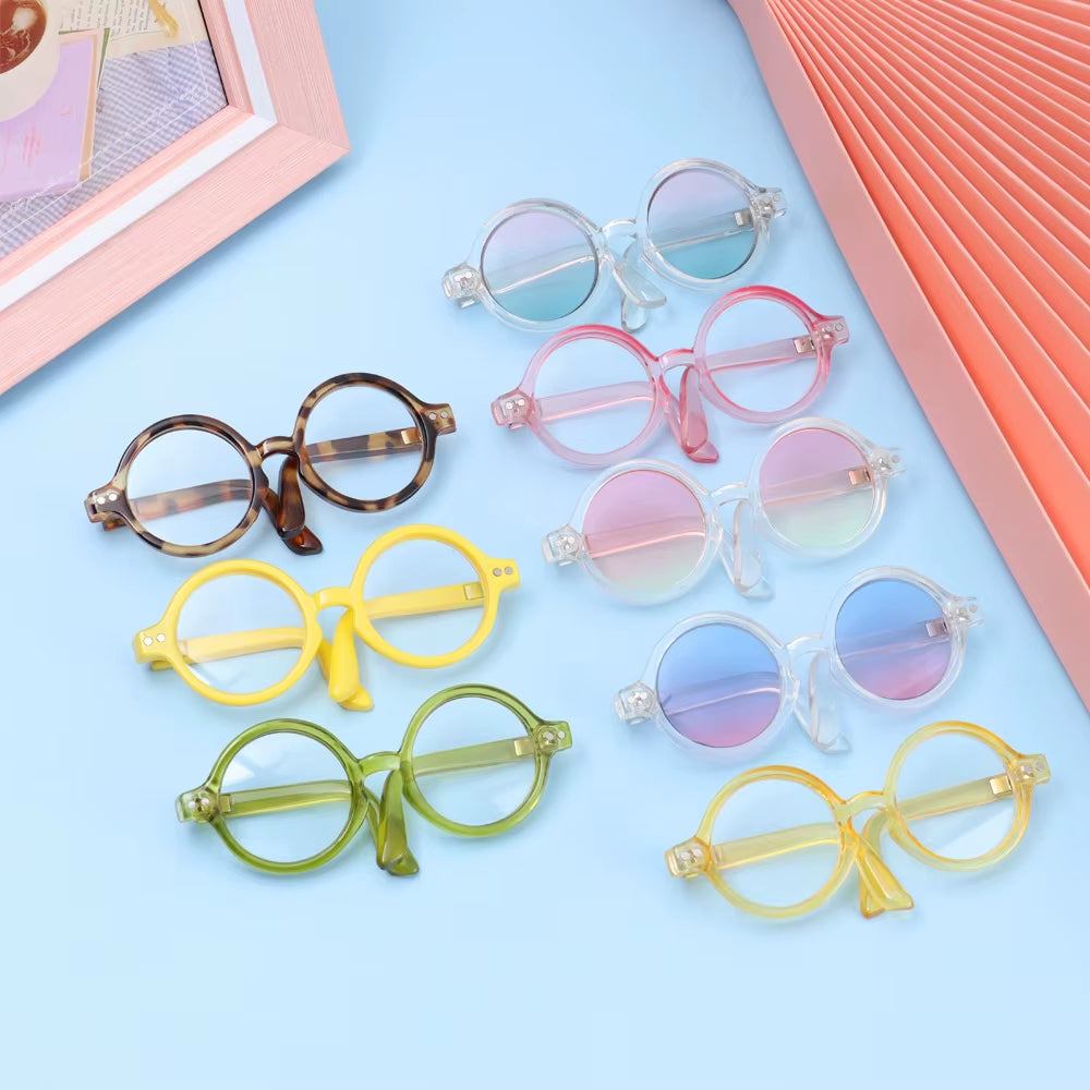 Candy Color Mini Doll Glasses Clear Lens Eyeglasses round Frame Plush Doll Toys Eyewear Photo Props Pet Dog Cat Sunglasses