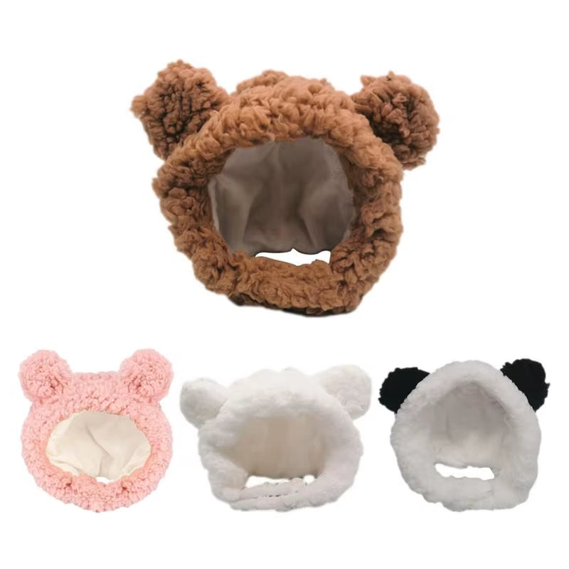 Cute Bear Shaped Hat for Cat Christmas Protective Pet Dogs Cosplay Head Wear York Solid Color Winter Kitten Costume Accessories