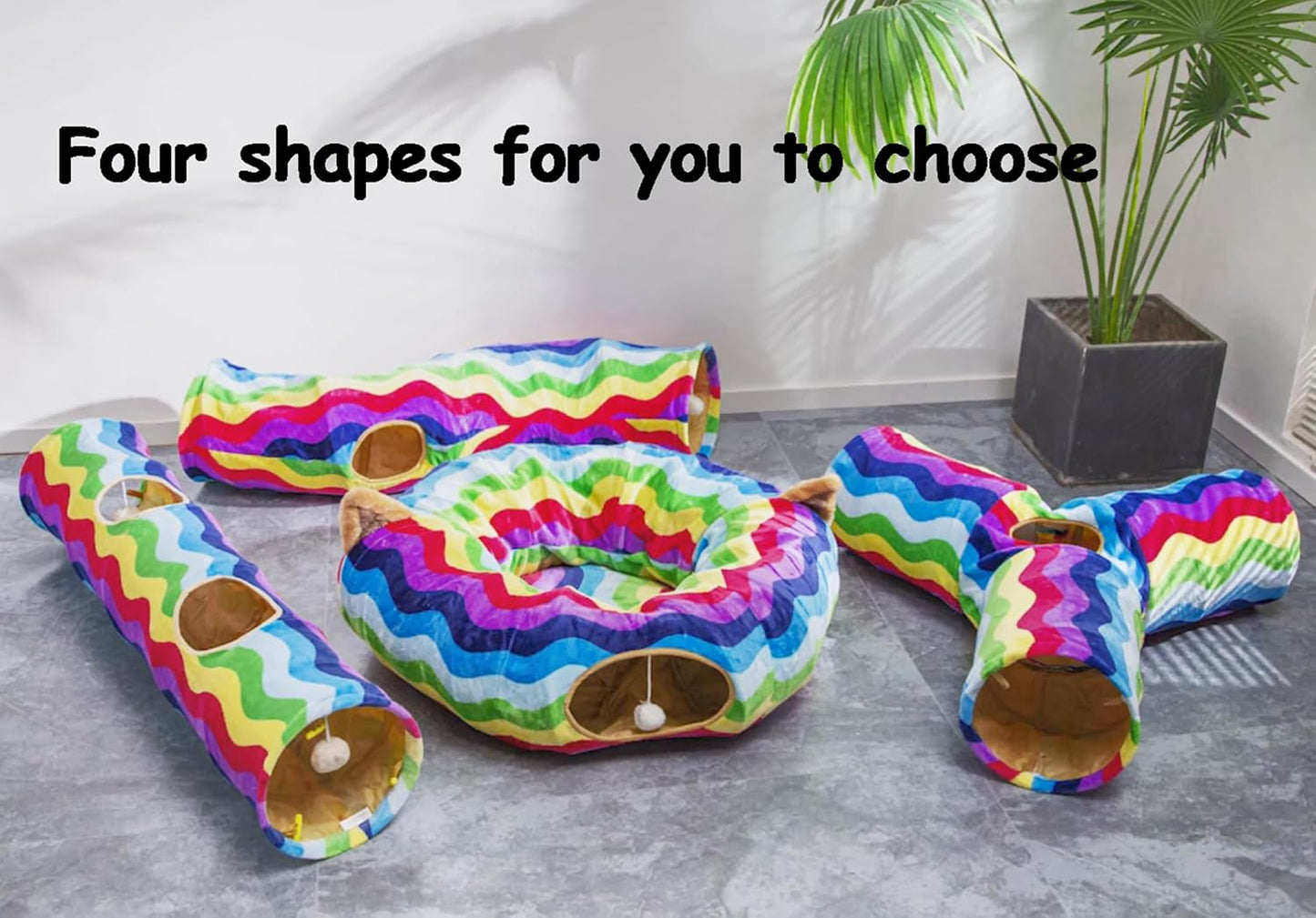 Cat Tunnel -Straight-Shaped, Rainbow Wave Color, Soft Velvet Exterior, Oxford Fabric Fog-Proof Interior, Plush Toy Ball, Easily Washable, Conveniently Foldable, 47.2In/120Cm