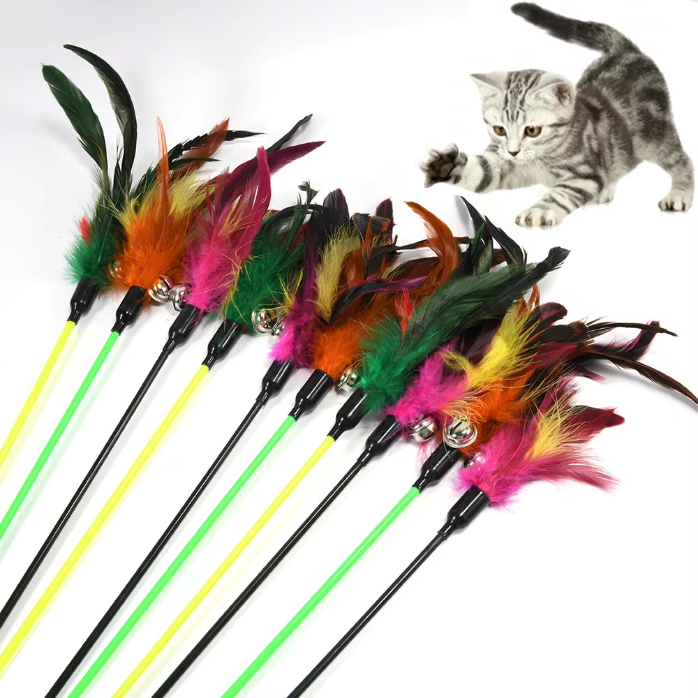 1Pc Hot Sale Cat Toys Random Color Make a Cat Stick Feather Black Coloured Pole like Birds with Small Bell