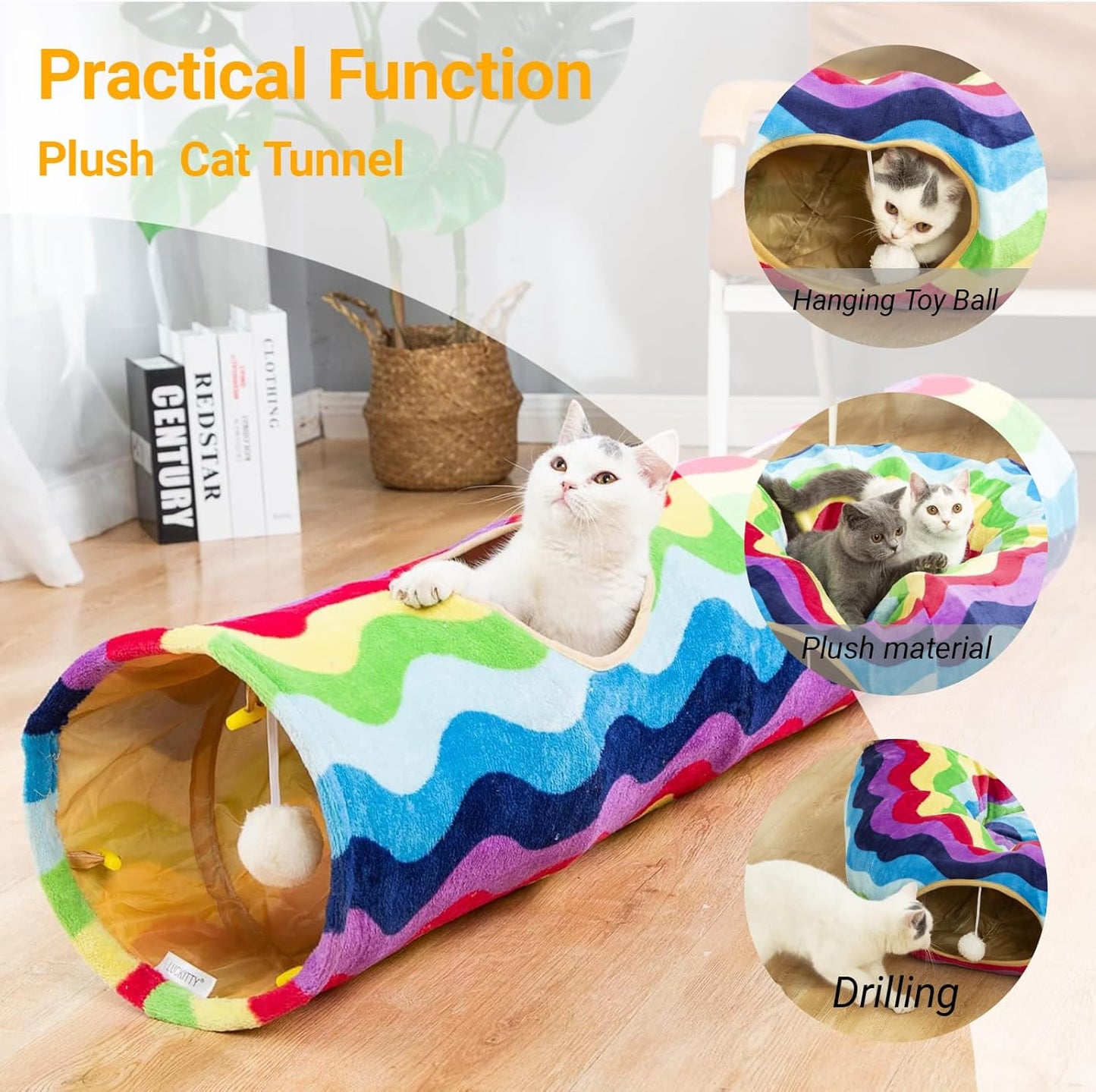 Cat Tunnel -Straight-Shaped, Rainbow Wave Color, Soft Velvet Exterior, Oxford Fabric Fog-Proof Interior, Plush Toy Ball, Easily Washable, Conveniently Foldable, 47.2In/120Cm