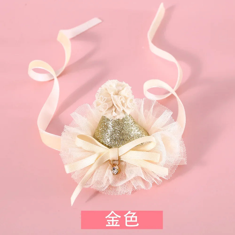 Cat Accessories Dog Fashion Lace Sequins Three-Dimensional Birthday Hat Headwear Bowknot Sweet Pet Supplies Pet Accessories
