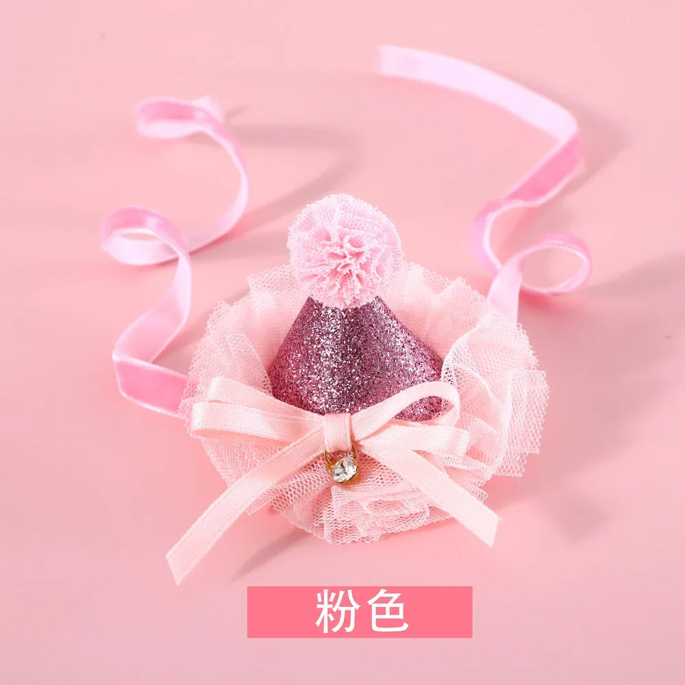 Cat Accessories Dog Fashion Lace Sequins Three-Dimensional Birthday Hat Headwear Bowknot Sweet Pet Supplies Pet Accessories