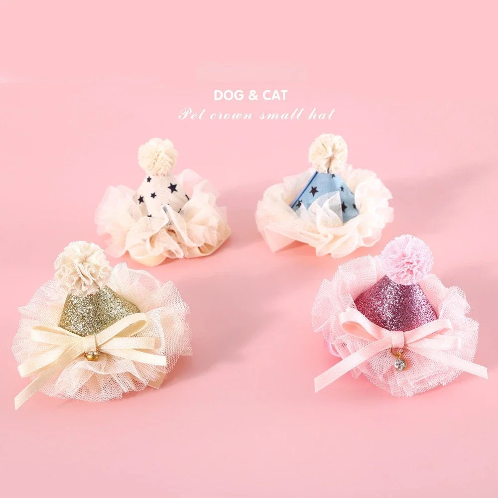 Cat Accessories Dog Fashion Lace Sequins Three-Dimensional Birthday Hat Headwear Bowknot Sweet Pet Supplies Pet Accessories