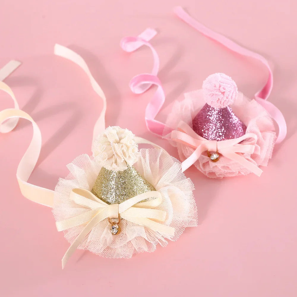 Cat Accessories Dog Fashion Lace Sequins Three-Dimensional Birthday Hat Headwear Bowknot Sweet Pet Supplies Pet Accessories