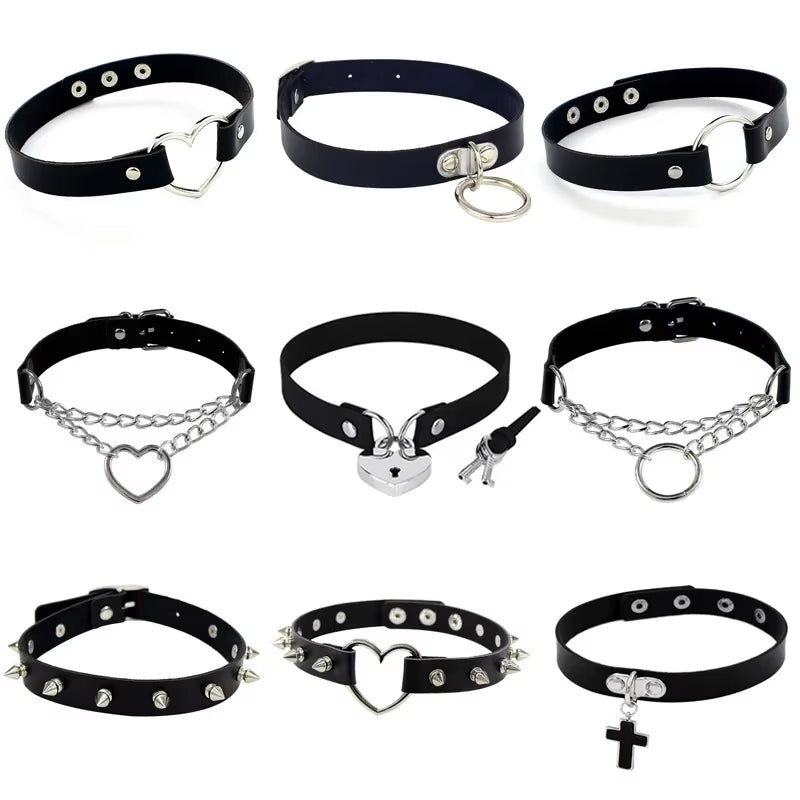 New Gothic Punk Leather Choker Necklace for Women Teens Girls Rivet Heart Cross Collar Necklace Rock Fashion Jewelry Gifts