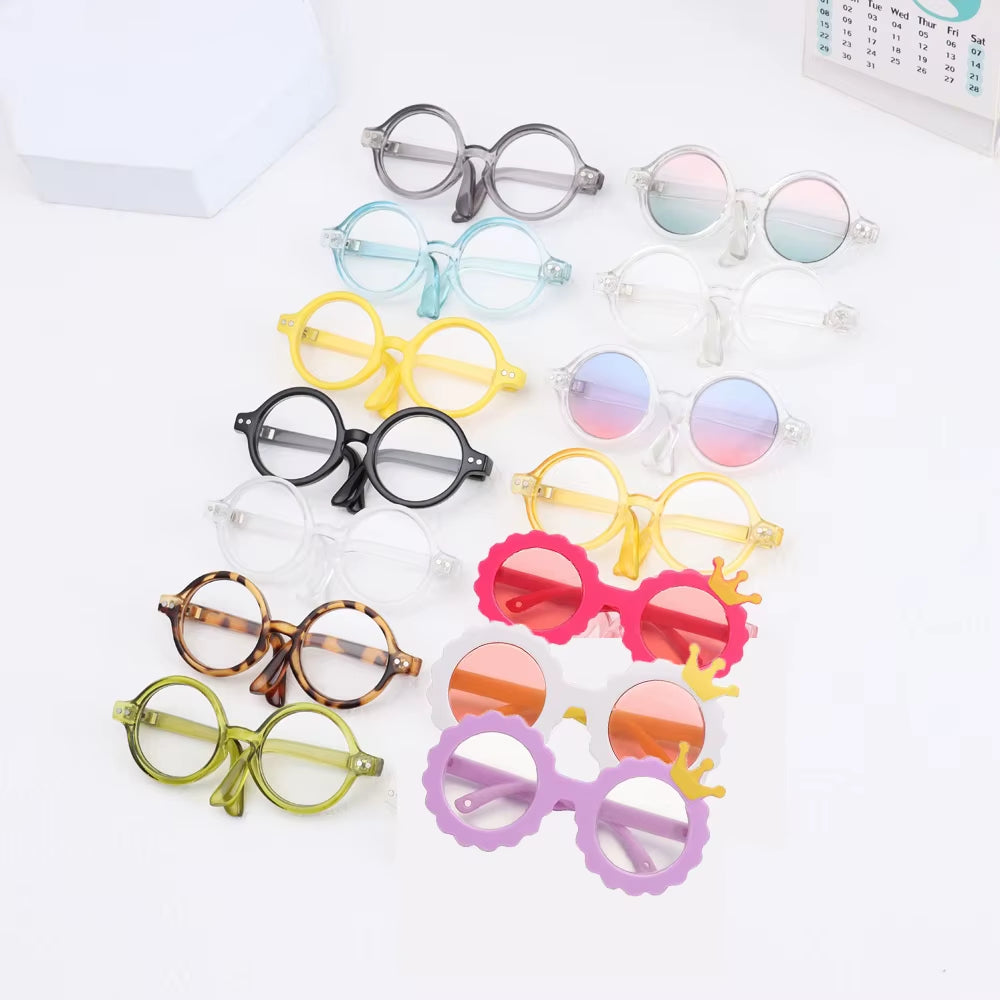 Candy Color Mini Doll Glasses Clear Lens Eyeglasses round Frame Plush Doll Toys Eyewear Photo Props Pet Dog Cat Sunglasses