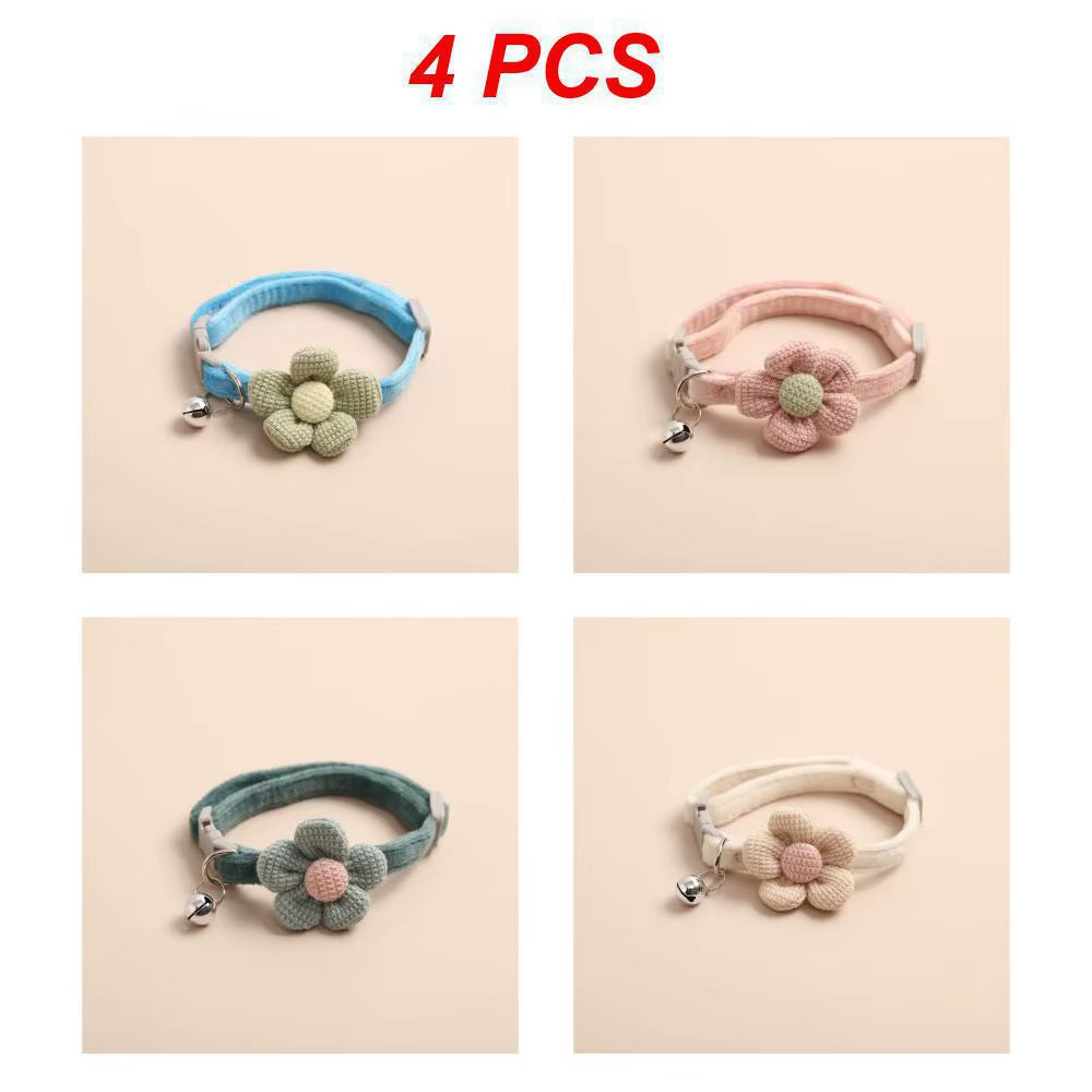 4/1Pcs Cat Bell Collar Colorful Adjustable Sweat Cute Cartoon Pet Collar Sun Flower Bowtie Soft Polyester Small Dog Cat Necklace