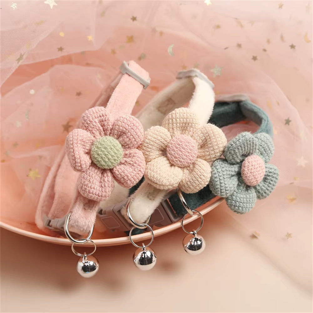 4/1Pcs Cat Bell Collar Colorful Adjustable Sweat Cute Cartoon Pet Collar Sun Flower Bowtie Soft Polyester Small Dog Cat Necklace
