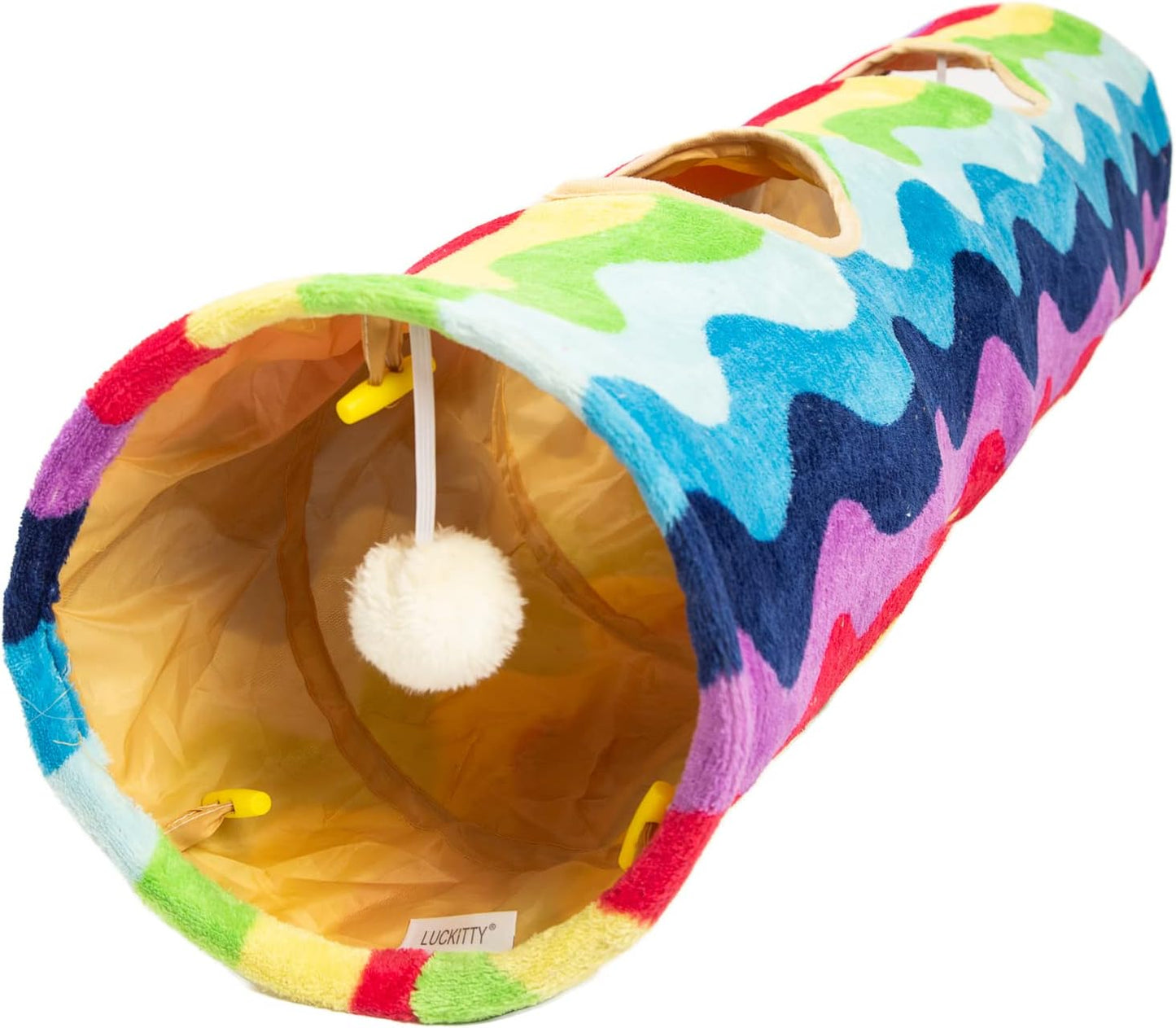 Cat Tunnel -Straight-Shaped, Rainbow Wave Color, Soft Velvet Exterior, Oxford Fabric Fog-Proof Interior, Plush Toy Ball, Easily Washable, Conveniently Foldable, 47.2In/120Cm