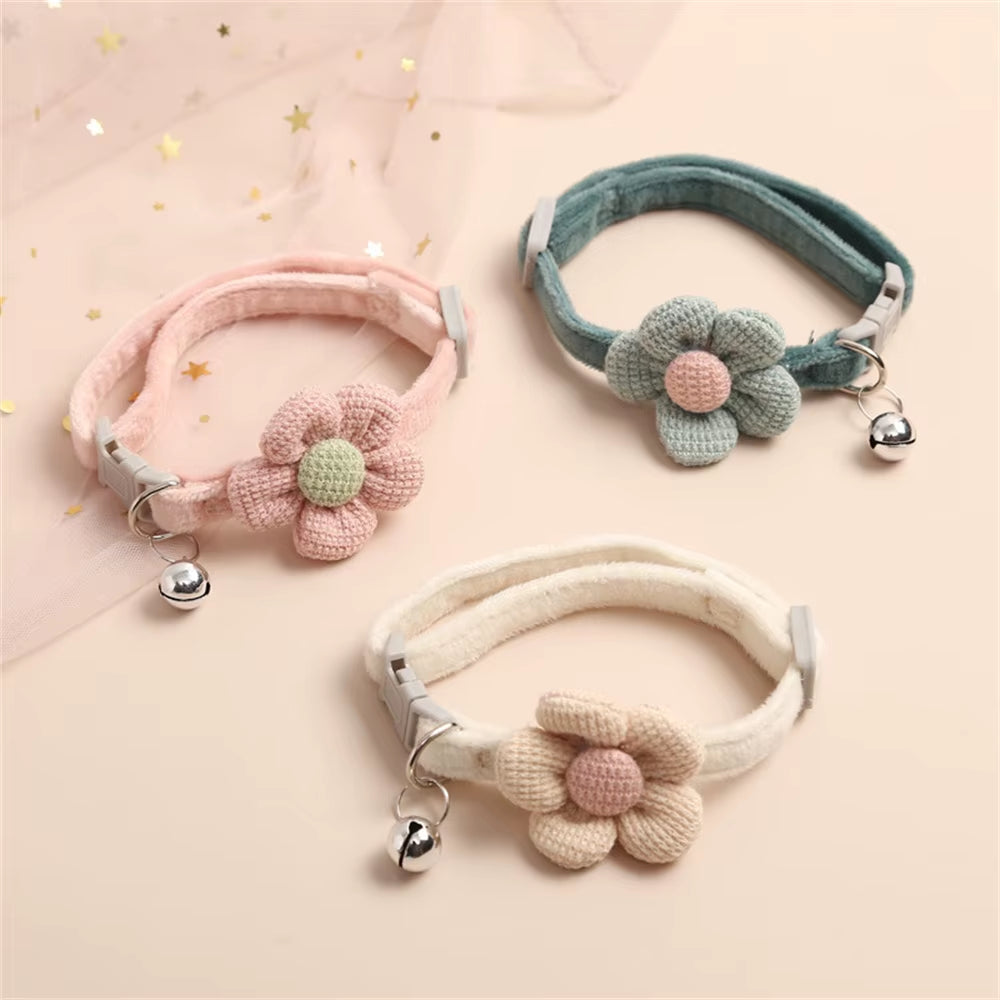 4/1Pcs Cat Bell Collar Colorful Adjustable Sweat Cute Cartoon Pet Collar Sun Flower Bowtie Soft Polyester Small Dog Cat Necklace