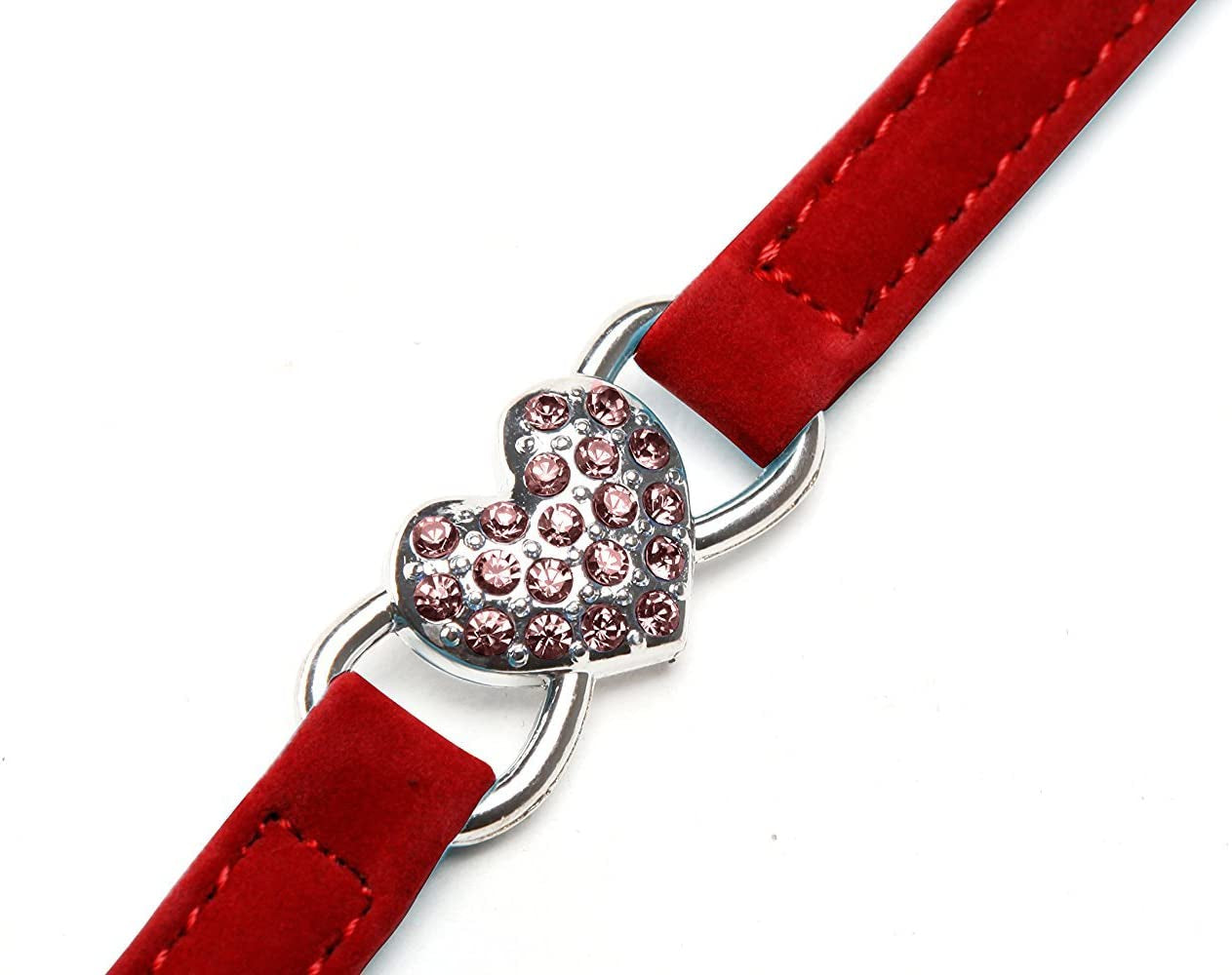 Pink Soft Velvet Safe Cat Adjustable Collar with Crystal Heart Charm and Bells 8-11 Inches (Red)