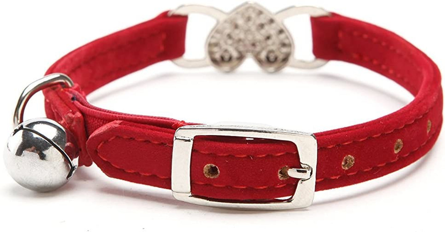 Pink Soft Velvet Safe Cat Adjustable Collar with Crystal Heart Charm and Bells 8-11 Inches (Red)