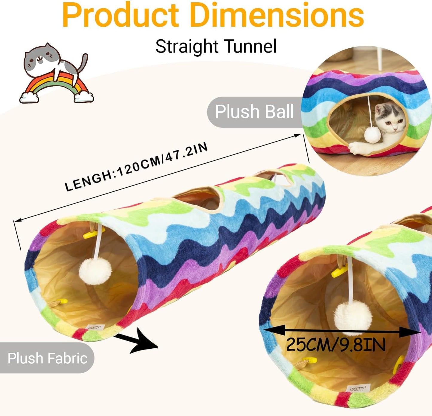 Cat Tunnel -Straight-Shaped, Rainbow Wave Color, Soft Velvet Exterior, Oxford Fabric Fog-Proof Interior, Plush Toy Ball, Easily Washable, Conveniently Foldable, 47.2In/120Cm
