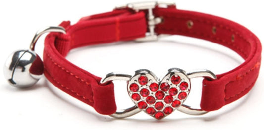 Pink Soft Velvet Safe Cat Adjustable Collar with Crystal Heart Charm and Bells 8-11 Inches (Red)