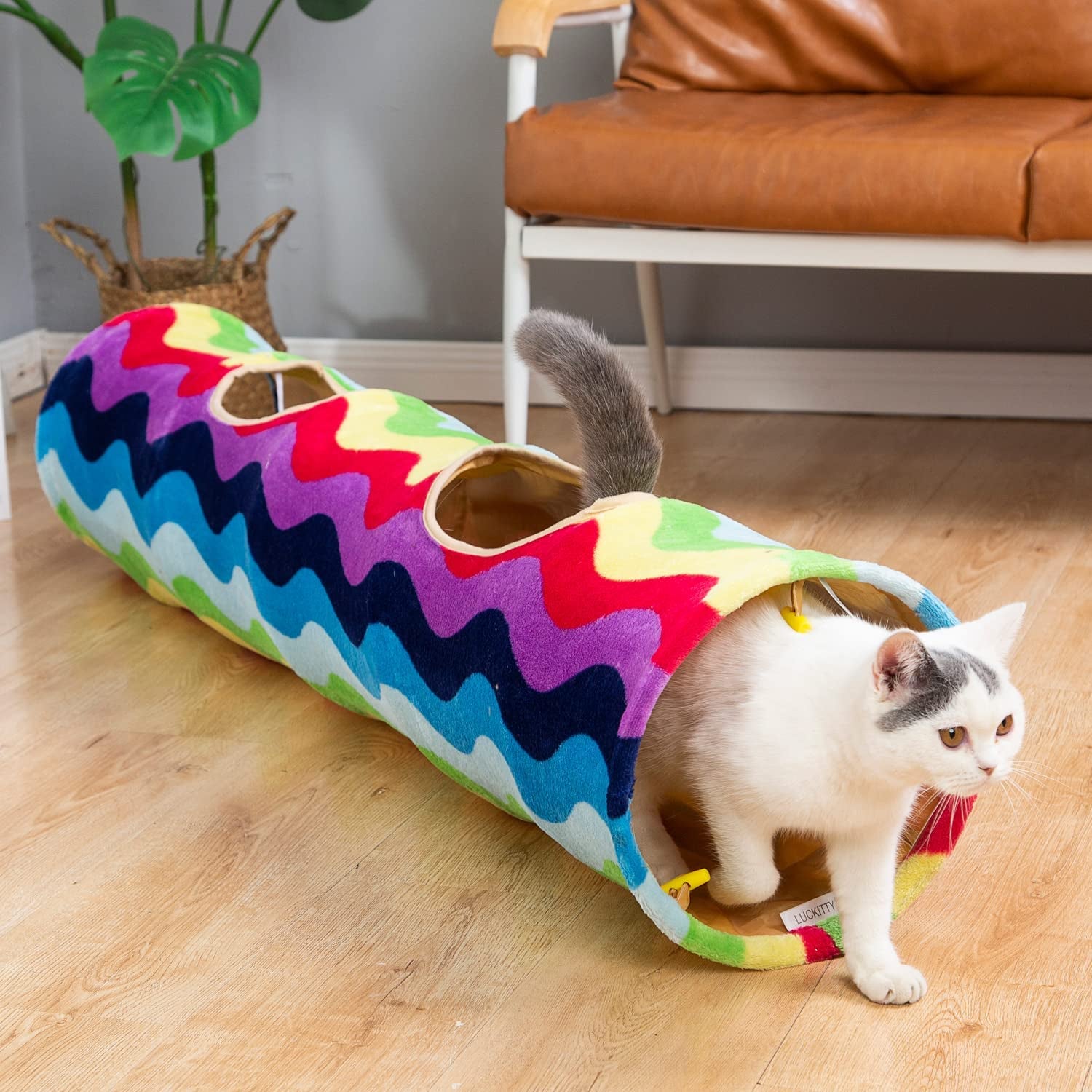 Cat Tunnel -Straight-Shaped, Rainbow Wave Color, Soft Velvet Exterior, Oxford Fabric Fog-Proof Interior, Plush Toy Ball, Easily Washable, Conveniently Foldable, 47.2In/120Cm