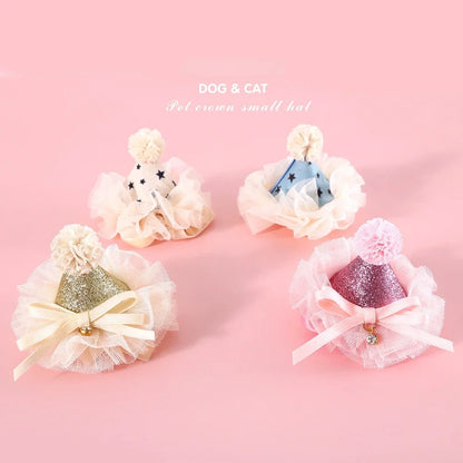 Cat Accessories Dog Fashion Lace Sequins Three-Dimensional Birthday Hat Headwear Bowknot Sweet Pet Supplies Pet Accessories