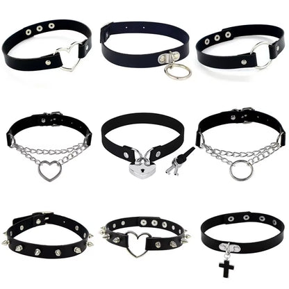 New Gothic Punk Leather Choker Necklace for Women Teens Girls Rivet Heart Cross Collar Necklace Rock Fashion Jewelry Gifts